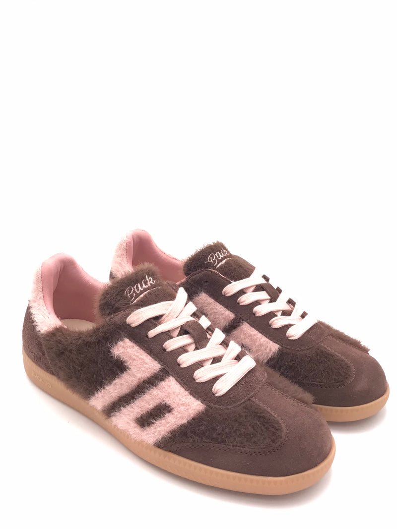 Sneakers Mohair in pelle e tessuto effetto lana marrone-rosa 108051 000007MARRONE BACK 70 