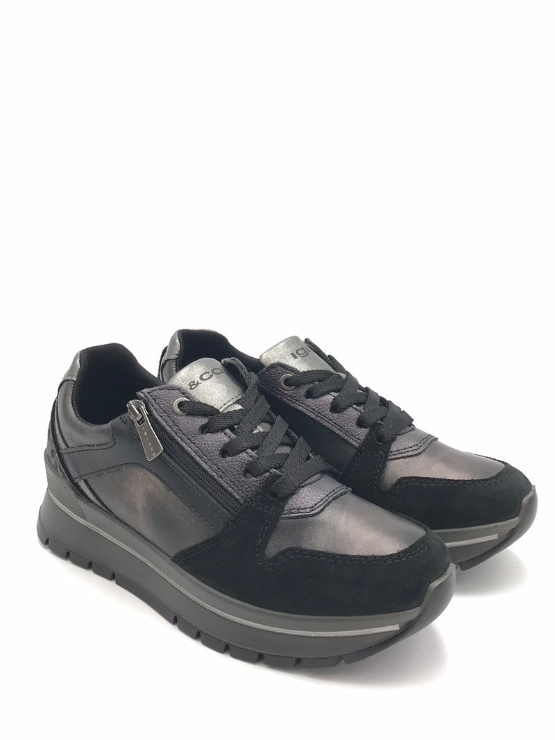 Sneakers Anika in pelle laminata acciaio e nero 2174100 ACCIAIO IGI&CO 