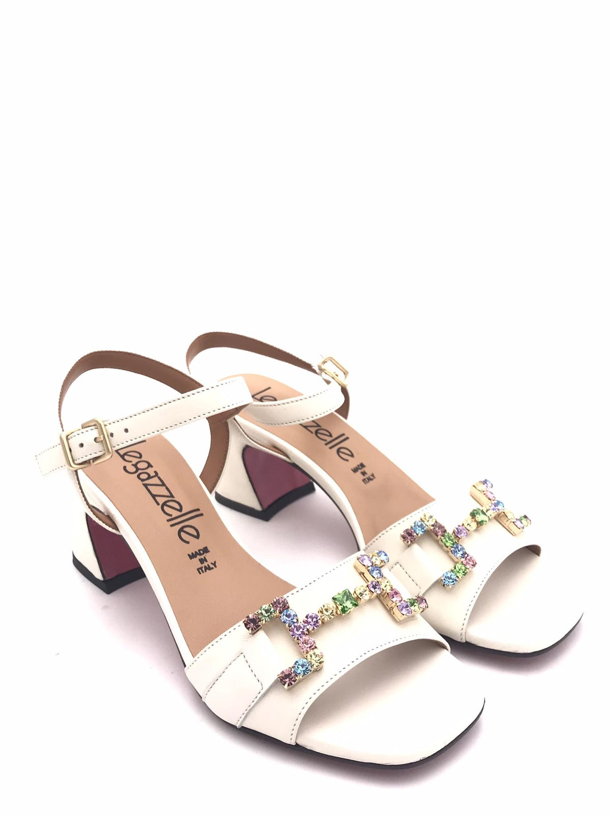 Sandalo in pelle bianca con pietre  multicolor 642 LATTE LEGAZZELLE 