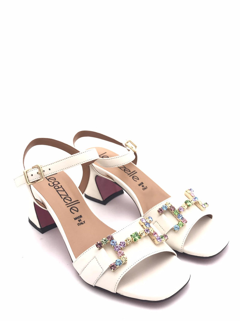 Sandalo in pelle bianca con pietre  multicolor 642 LATTE LEGAZZELLE 