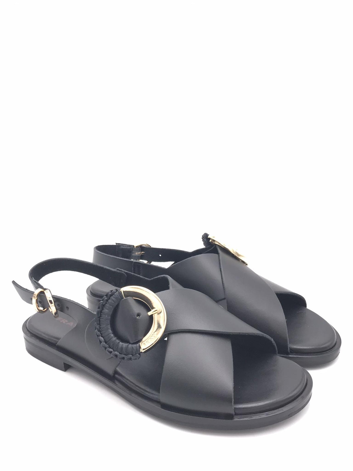 Sandali in pelle nera con fibbia oro 85M9 NERO FRAU 