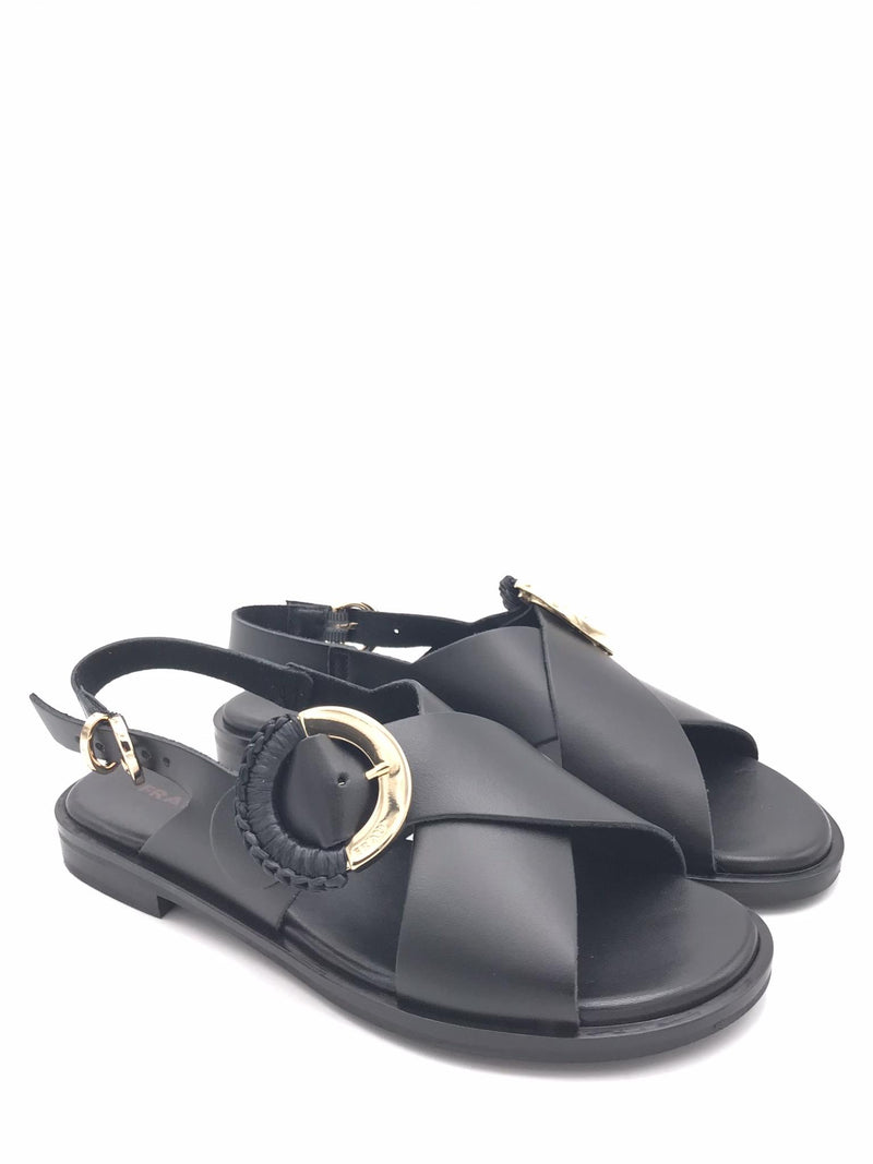 Sandali in pelle nera con fibbia oro 85M9 NERO FRAU 