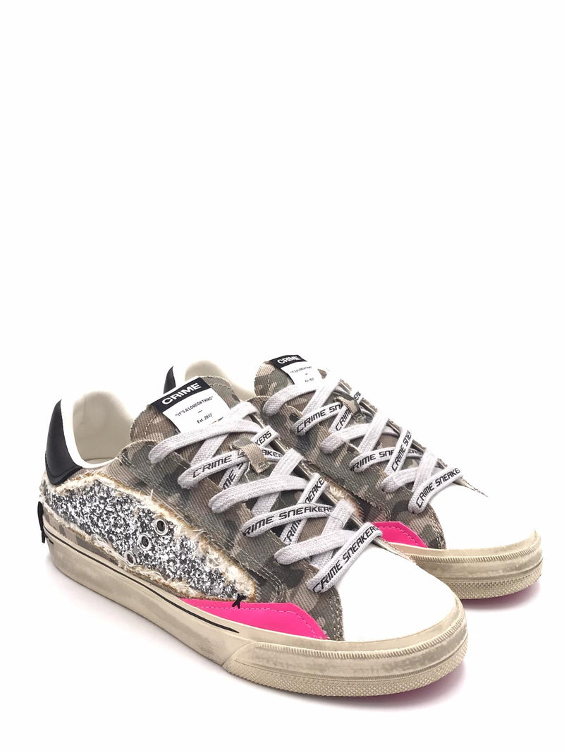 Sneakers Distrassed in canvas militare e glitter argento 29073 MULTICOLOR CRIME LONDON 