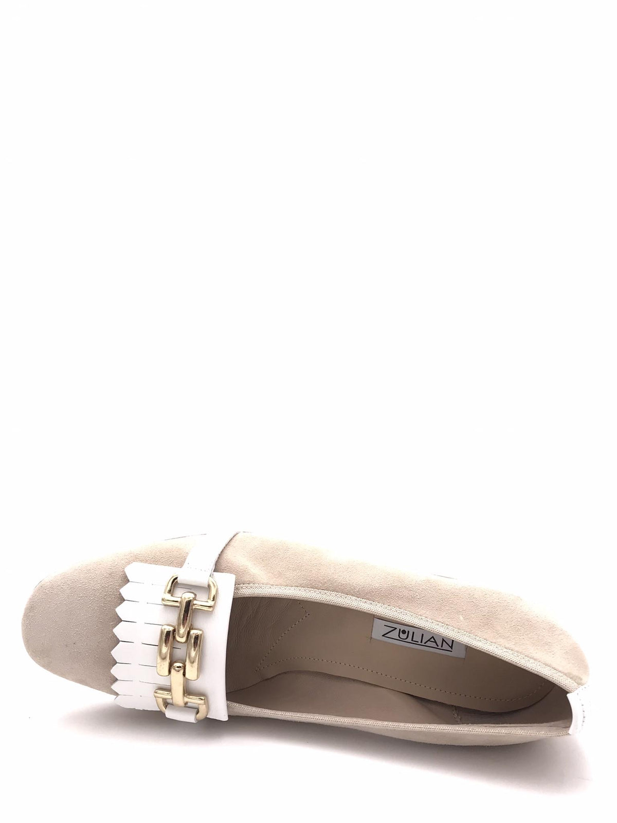 Decolletè Carla con frangia in camoscio beige<BR/>