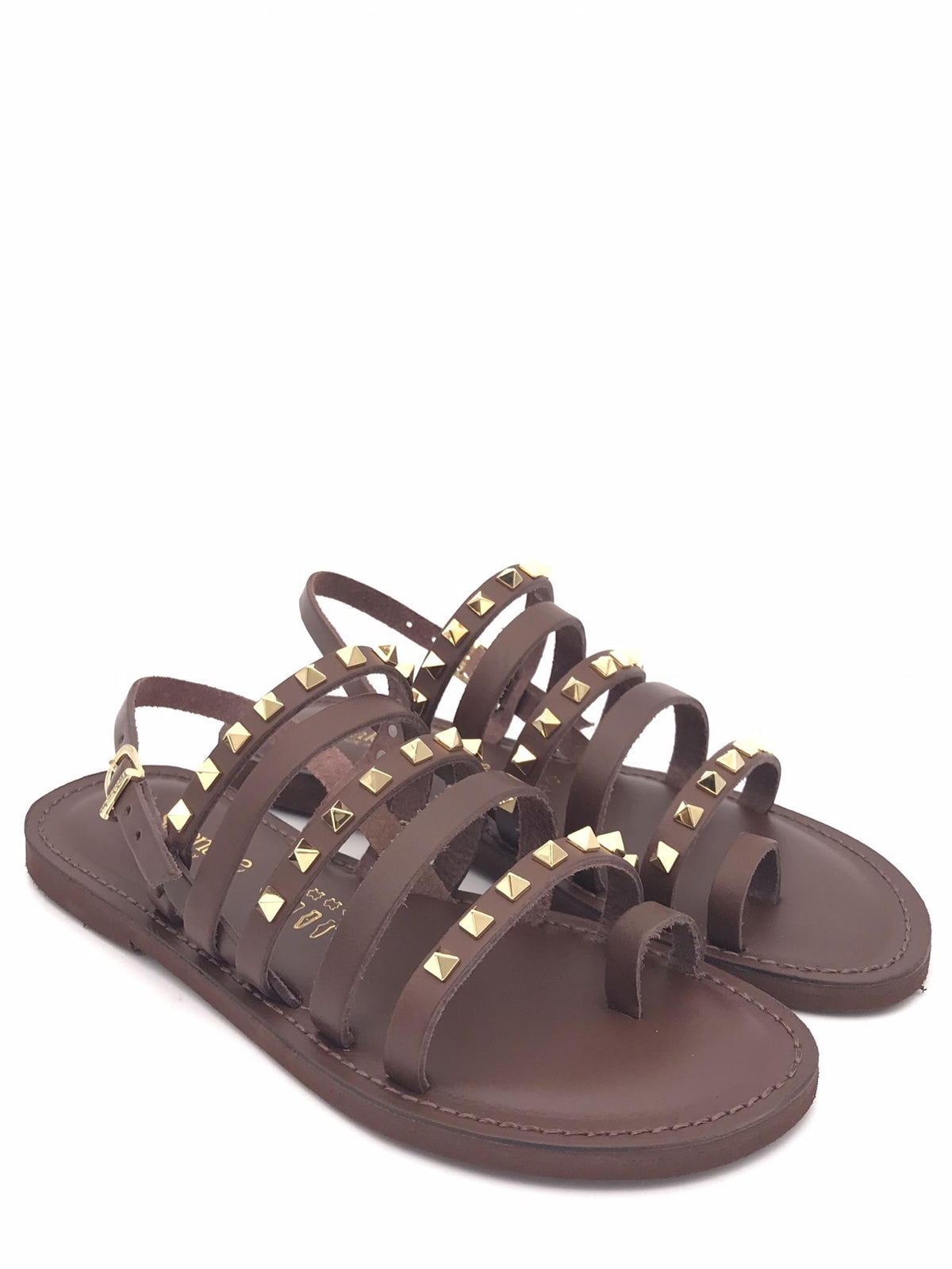 Sandali bassi infiladito in pelle marrone con borchie 1191 MARRONE LE SALENTINE 