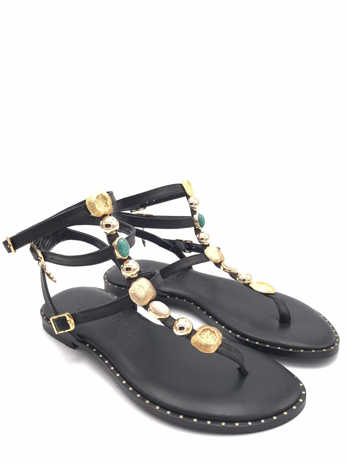 Sandali infradito doppio cinturino nero con accessorio in metallo 621031 NERO CARYATIS 