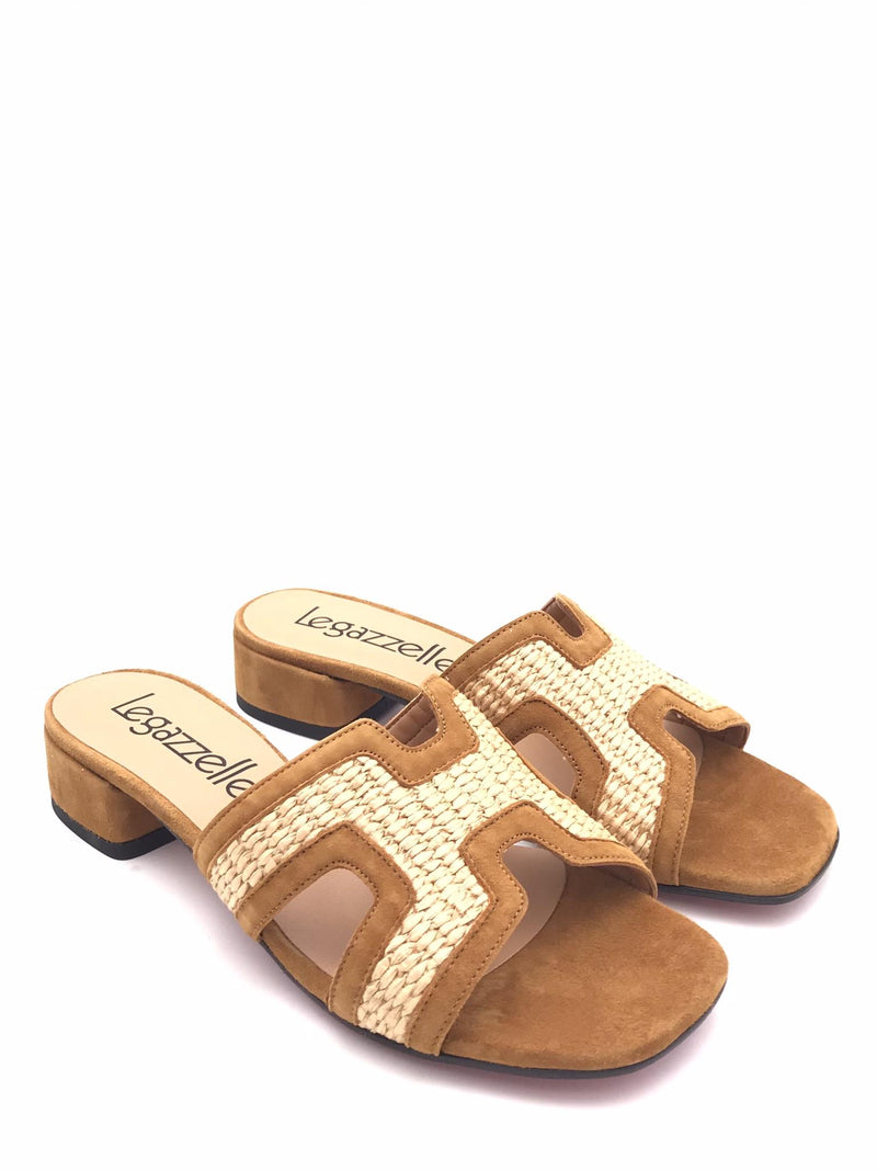 Ciabatta in camoscio cuoio e raffia natuale 330 CUOIO LEGAZZELLE 