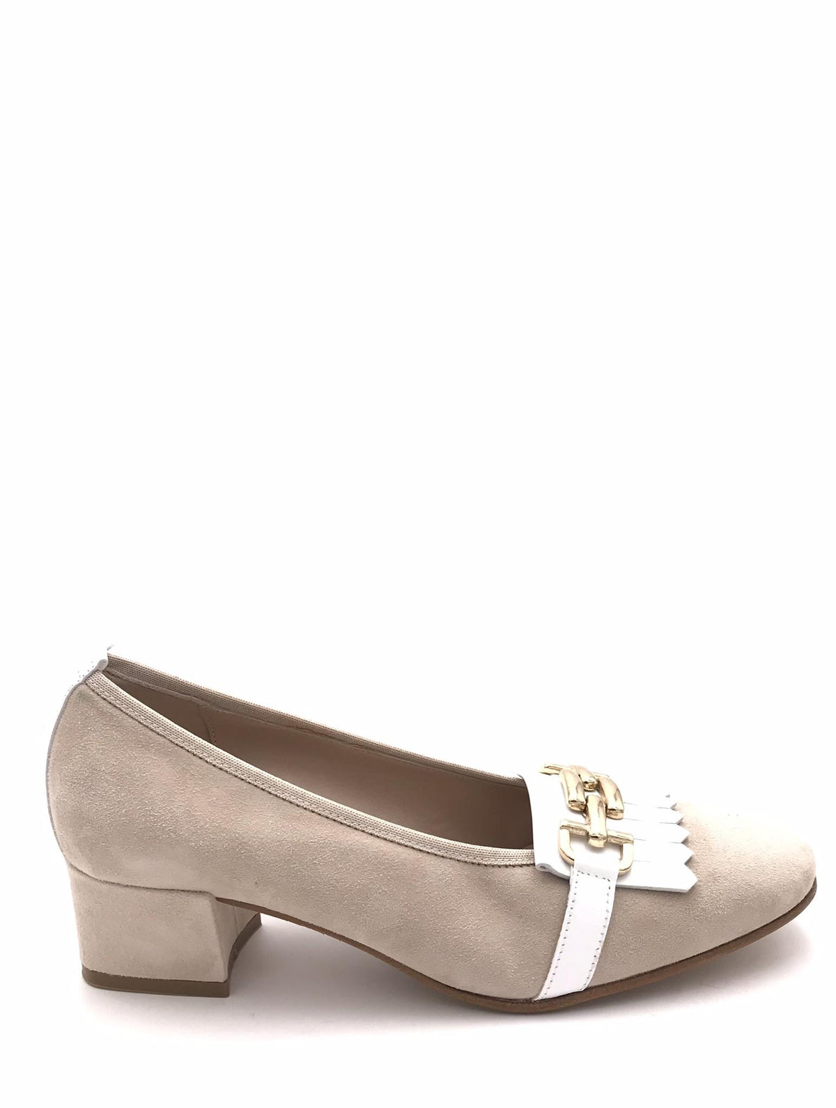 Decolletè Carla con frangia in camoscio beige<BR/>